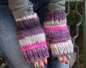 Gloves fingerless mitts purple knitted fingerless gloves arm wrist pulse warmer gauntlets soft warm fluffy organic winter wool yarn mittens
