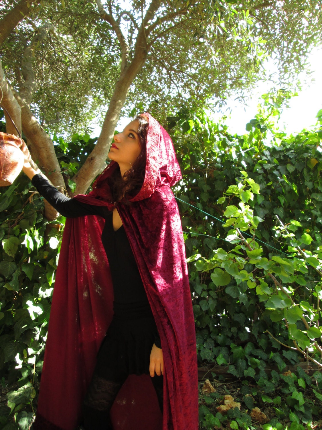 red velvet cape cloak, medieval long hooded cloak, red riding hood, burgundy cape, renaissance costume festival halloween by Hodaya