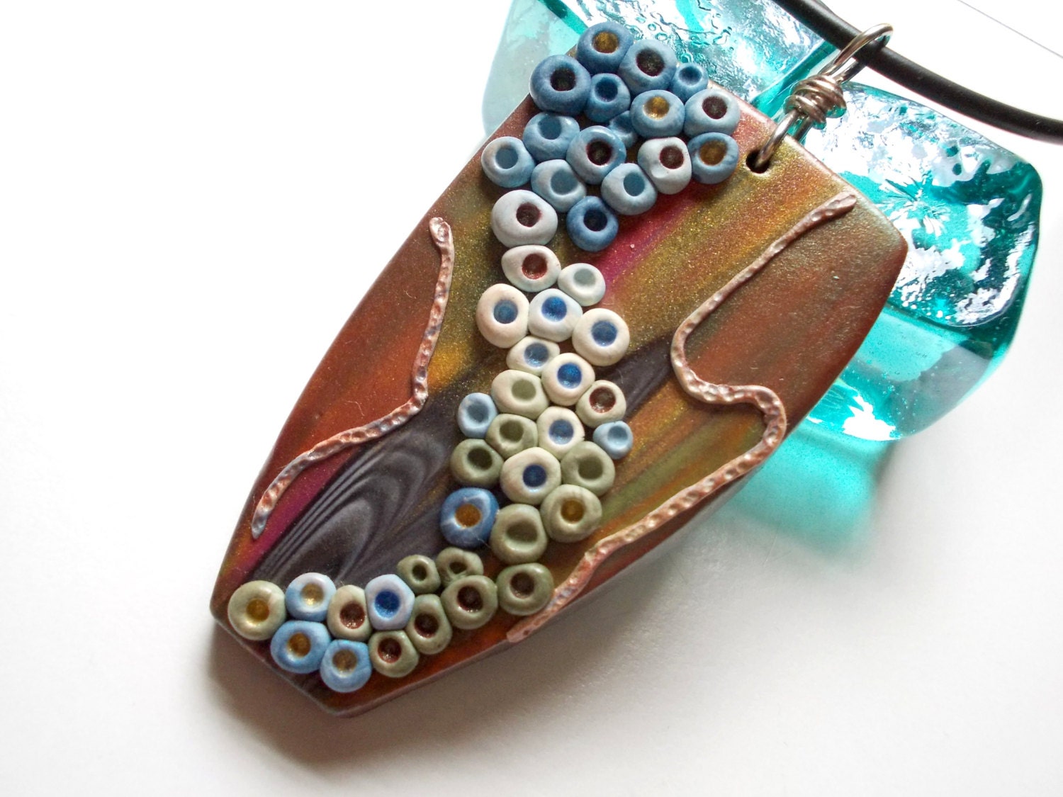 Boulder River, abstract pendant necklace, wearable art, polymer clay bead, statement necklace, unique, gold blue mica metallic, sculpture