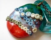 Necklace, Field Swatch, handmade polymer clay pendant, nature jewelry long organic red blue ecru grass green salmon mica metallic statement