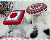 Sweet Little Painted WhiteFootstool - Wooly Granny Square  - Cottage Style Vintage Charm