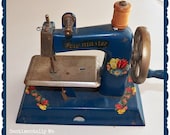 Vintage Childs SEWMASTER Blue Sewing Machine with Sweet Old Decals - Really Fun