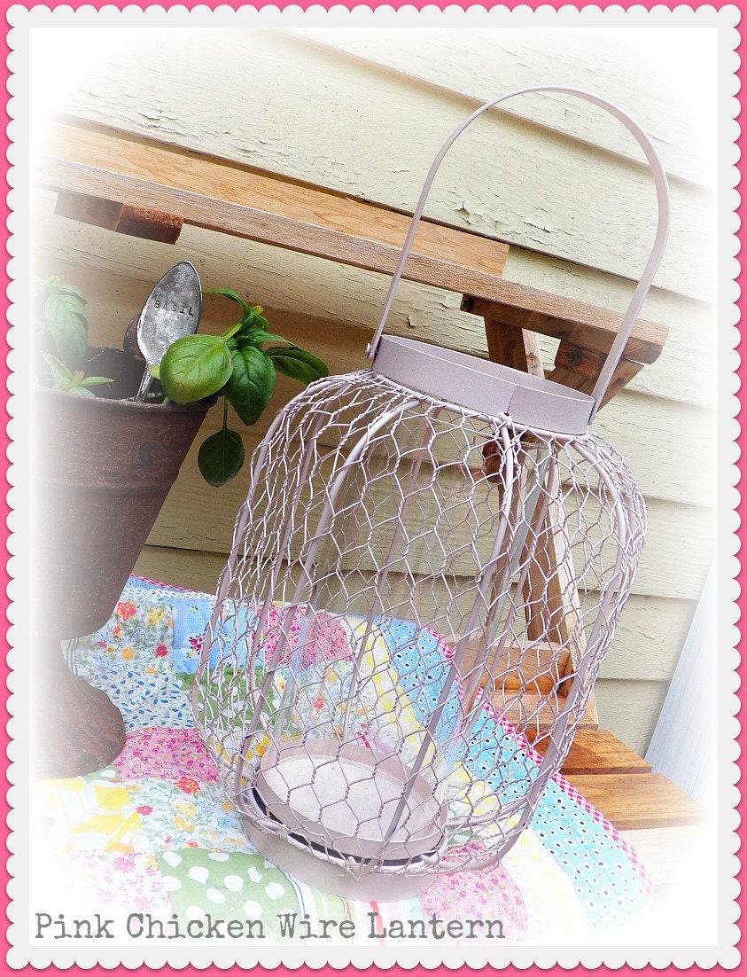 Shabby Painted CHICKEN WIRE Candle Lantern - Pretty Petal Pink - For your Cottage Garden