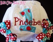 Turquoise and Red Bloomers for baby girls toddler- Initial applique Custom design- Polka Dot Bows