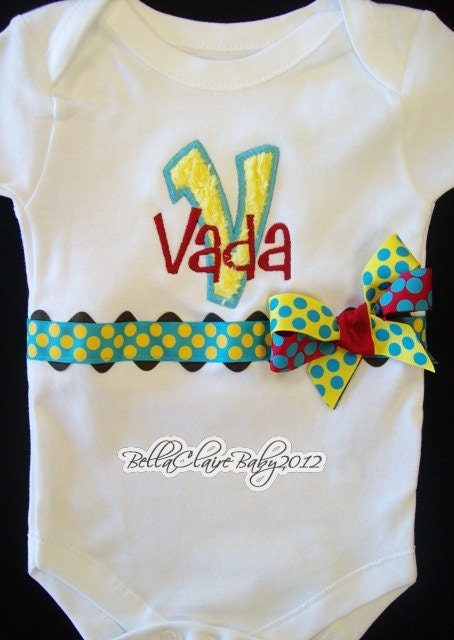 Personalized bodysuit onesie for baby girls toddler- Initial Number Applique Custom design- Yellow Red Turquoise brown Polka Dot Bows