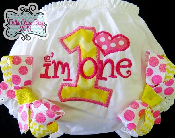 Pink Lemonade Chevron Birthday Heart Diaper Cover Initial applique Custom Order hot pink, fuschia, yellow Sparkle Bloomers Chevron Bows