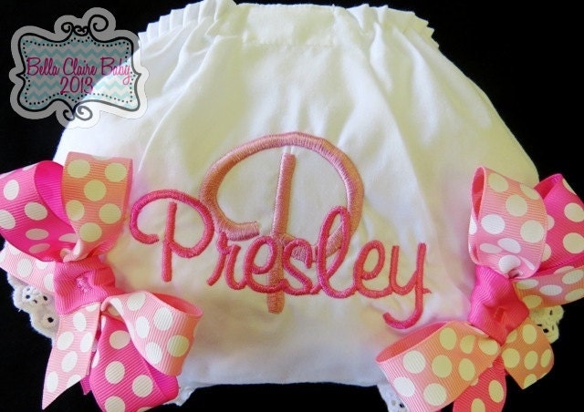 Name Personalized Diaper Cover for baby girls toddler- Custom Order- Light Pink Hot Pink Polka Dot Bows