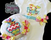 Spring Fling Chevron Cupcake set bodysuit and bloomers girls Initial Number Embroidery Custom Order yellow hot pink turquoise