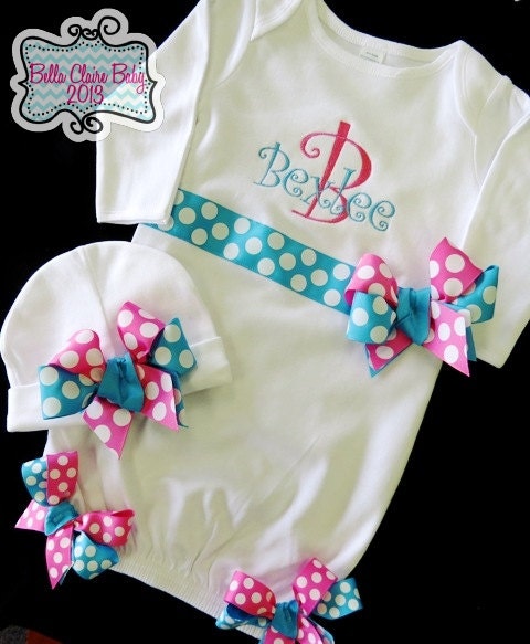 Newborn Layette Gown and beanie hat set for baby girls- Personalized hot pink and turquoise Custom Order Polka Dot Bows