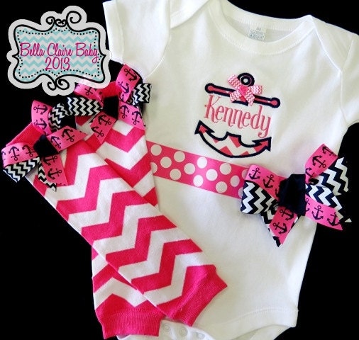 Nautical Anchors bodysuit and leg warmers set Hot Pink and Navy for girls Personalized Custom Order- Chevron and anchors ribbon bows