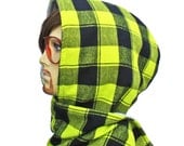 Scoodie Hooded Scarf Mens or Unisex Neon Yellow Plaid