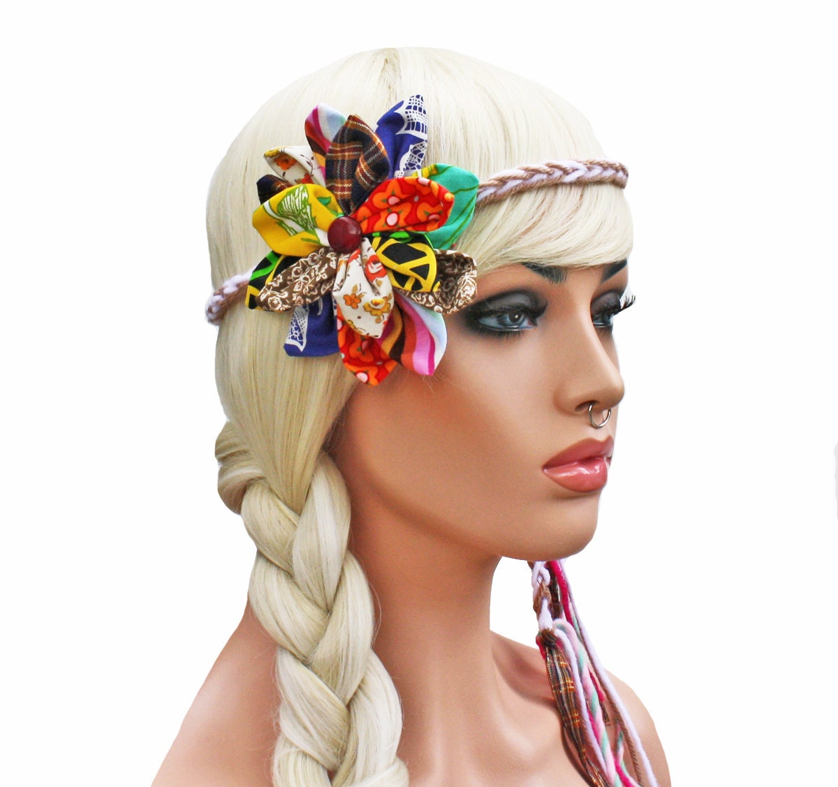 Flower Hippie Headband- Multi Fabric Pinwheel Flower