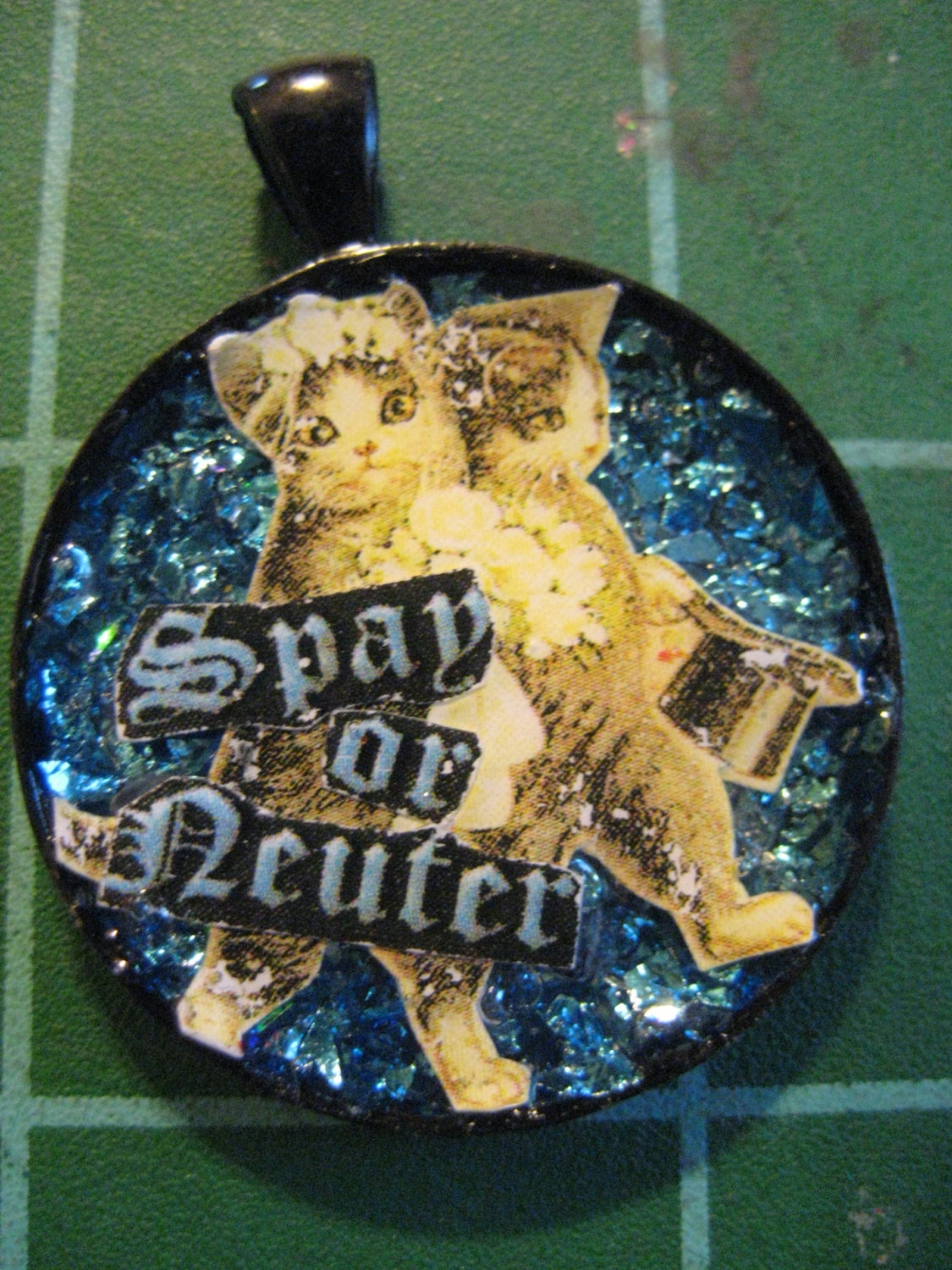 Cat Spay or Neuter Before the Kitty Honeymoon Blue Glitter Pendant