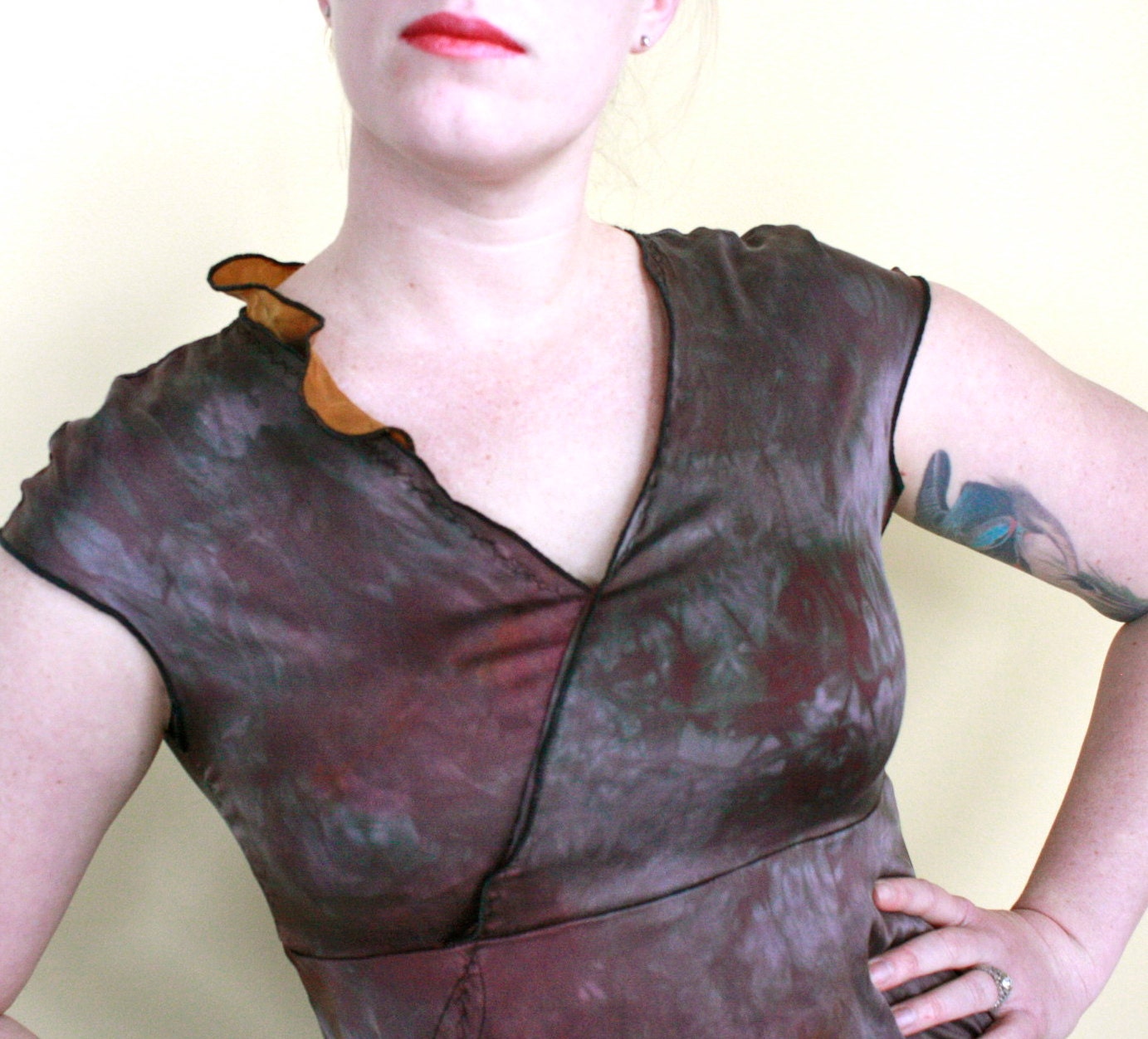 Gelato Dress- cool and sweet in hand-dyed plum silk with gold ruffle accent, size MEDIUM