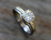 Cushion Cut Moissanite Engagement RingSet in 14k Yellow Gold and 14k Palladium White Gold, Solitaire Cushion Cut Gemstone Ring