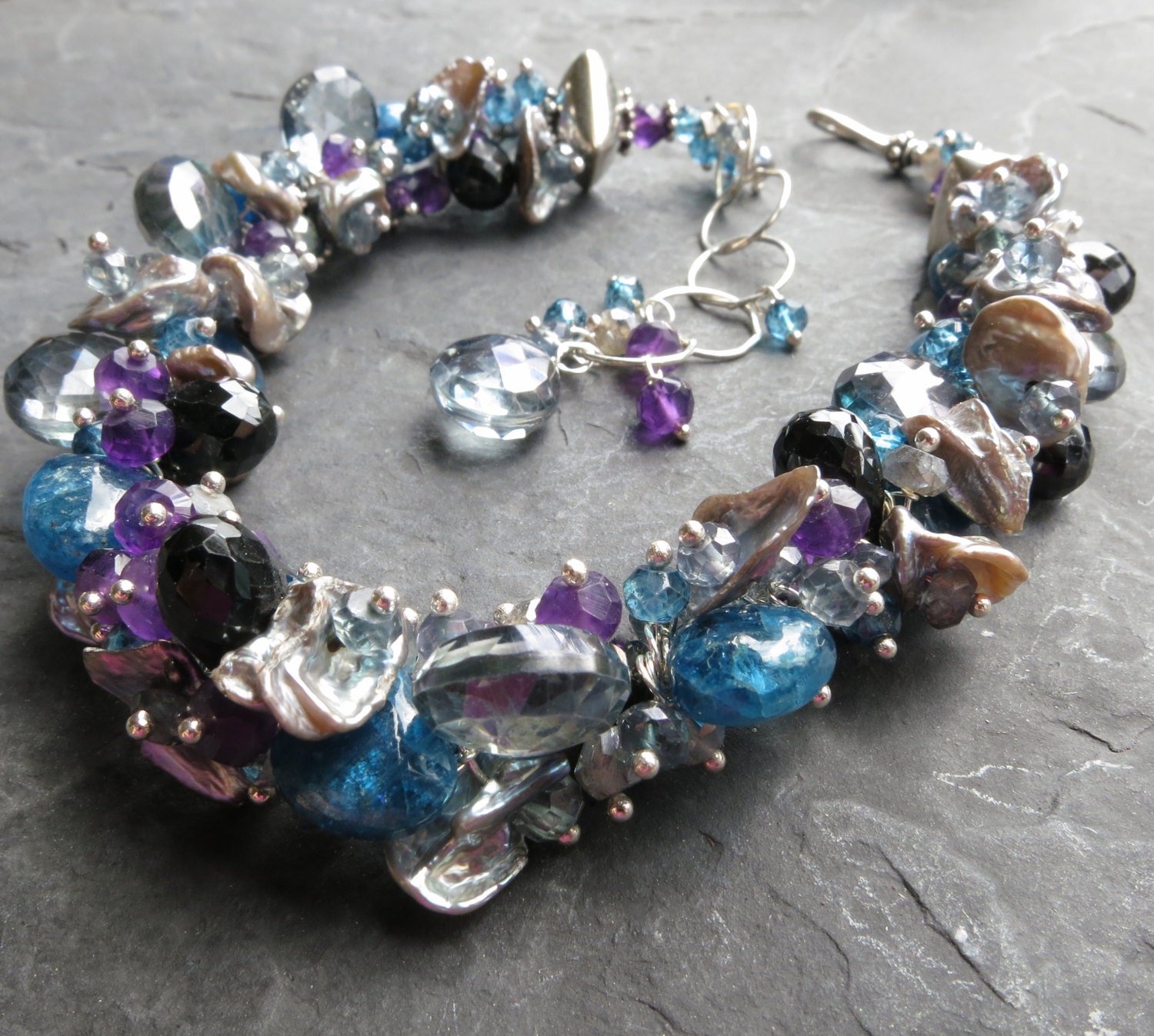 Silver keishi pearl bracelet sterling silver amethyst labradorite mermaid fashion thunderstorm sea fairy gemstone jewelry --Mezzanotte--