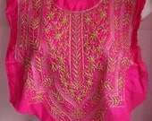 Mughal silk embroidery  vintage applique bib yoke or bodice front, gold on magenta. Gold bullion