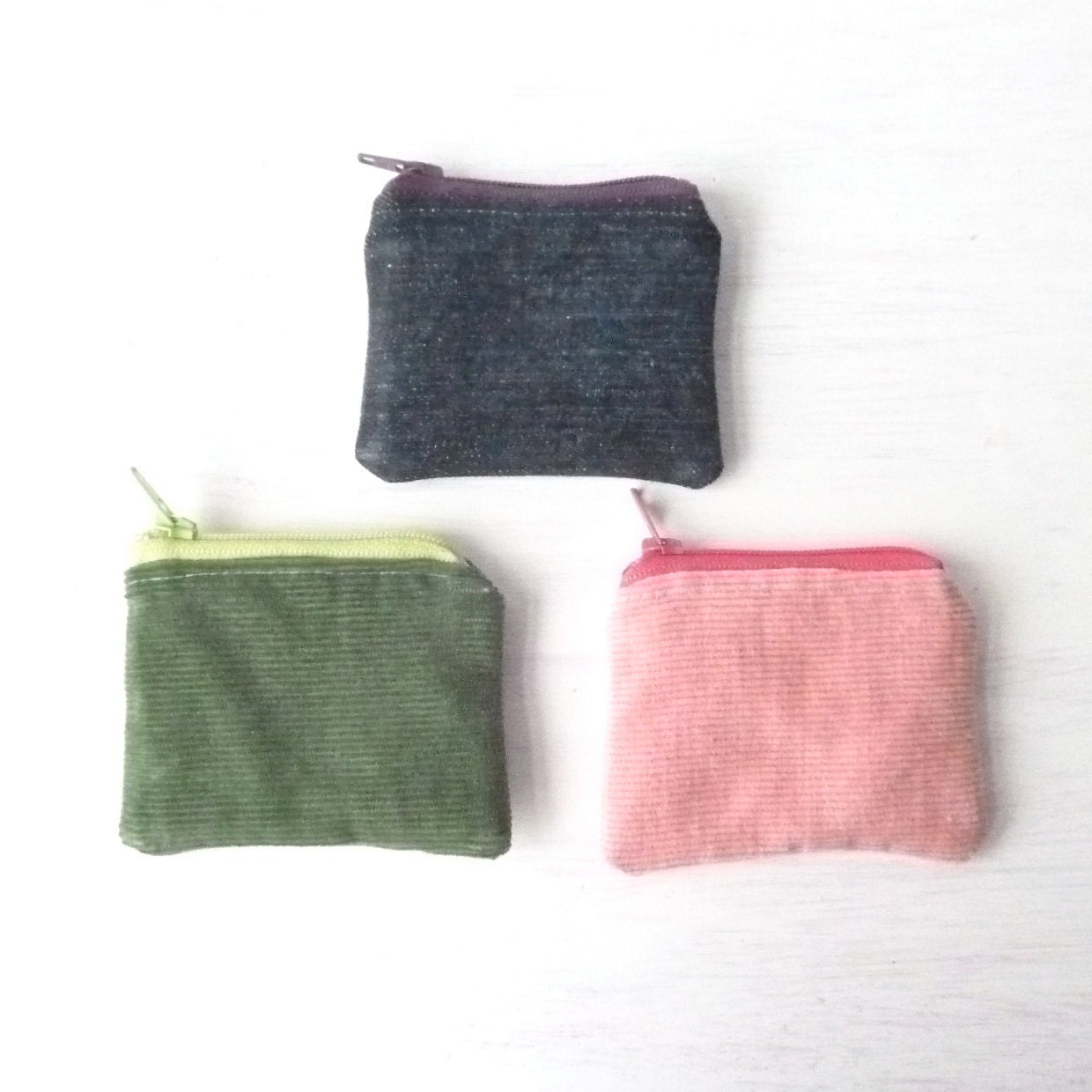 Tiny Change Purse Green Corduroy Recycle Pouch  - Eco Teen Girl Gift - Recycled Repurposed Vegan