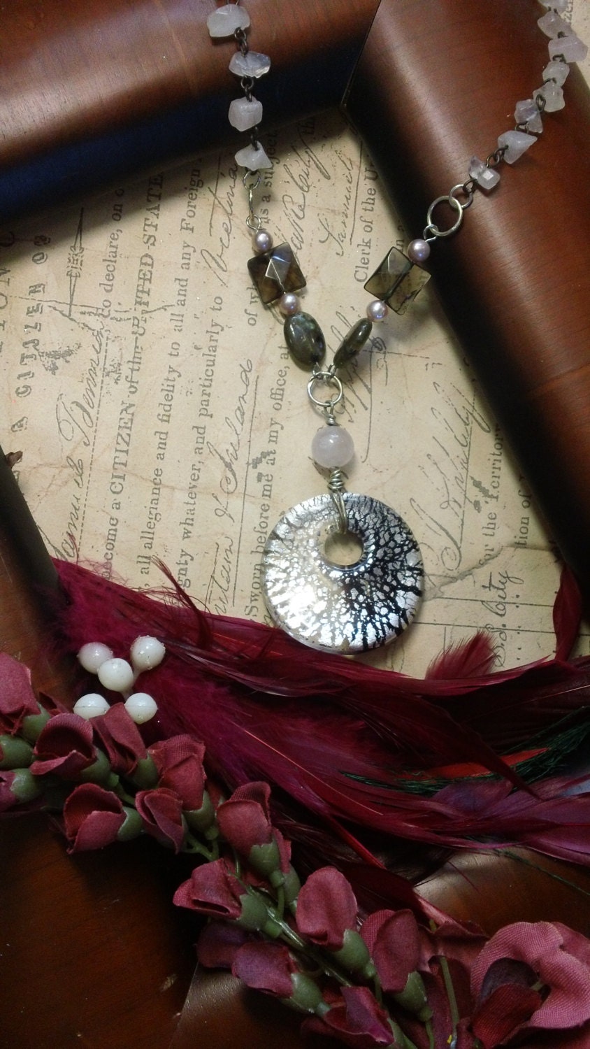 Audra  -crackled black and silver glass and rose quartz necklace