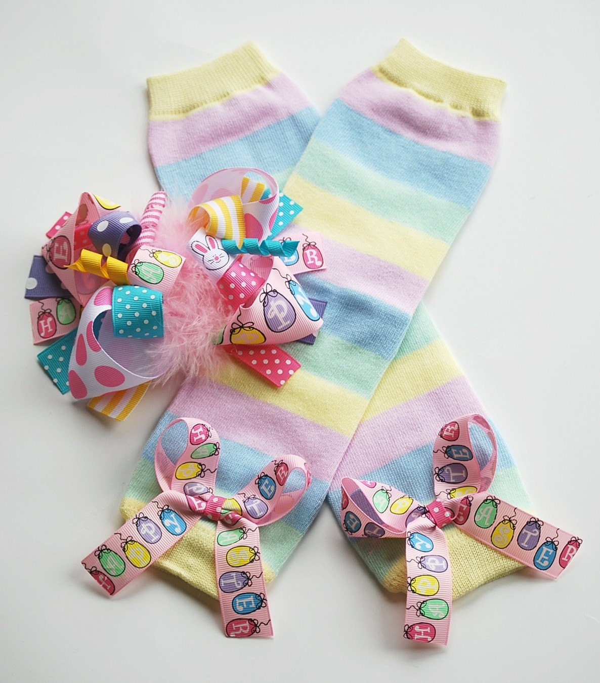 boutique HAPPY EASTAER funky fun hair bow with matching striped print leg warmers with attached bows and ruffles