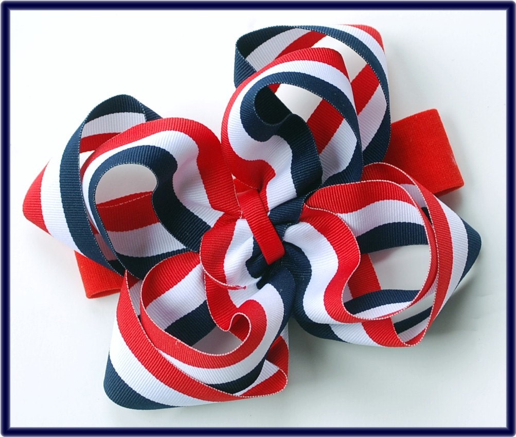 boutique double layered BIG navy and red PATRIOTIC STRIPES hair bow on a headband