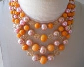 vintage three strand choker necklace, pink and orange pearl beads, great 1960s casual style