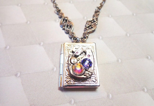 Sale 25% Off Steampunk Once Upon A Time Book Locket With Scroll Connectors And Crystals