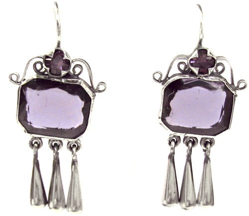 Frida Style Silver earrings with colored crystal, filigree and a three drops