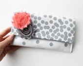 Clutch Purse, Coral and Gray, Bridesmaid Clutch, Wedding Clutch, Polka Dots, Fold Over Clutch