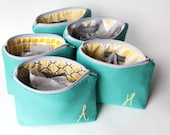 Personalized Bridesmaid Gift, Monogram Cosmetic Bag Set of 5, Turquoise and Yellow, Make Up Bag, Bridesmaid Clutch, Coral Pink Aqua Gray
