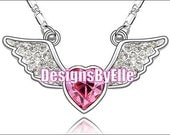 Sparkled Angel Wings and Heart Necklace with Pink Swarovski Crystal Heart