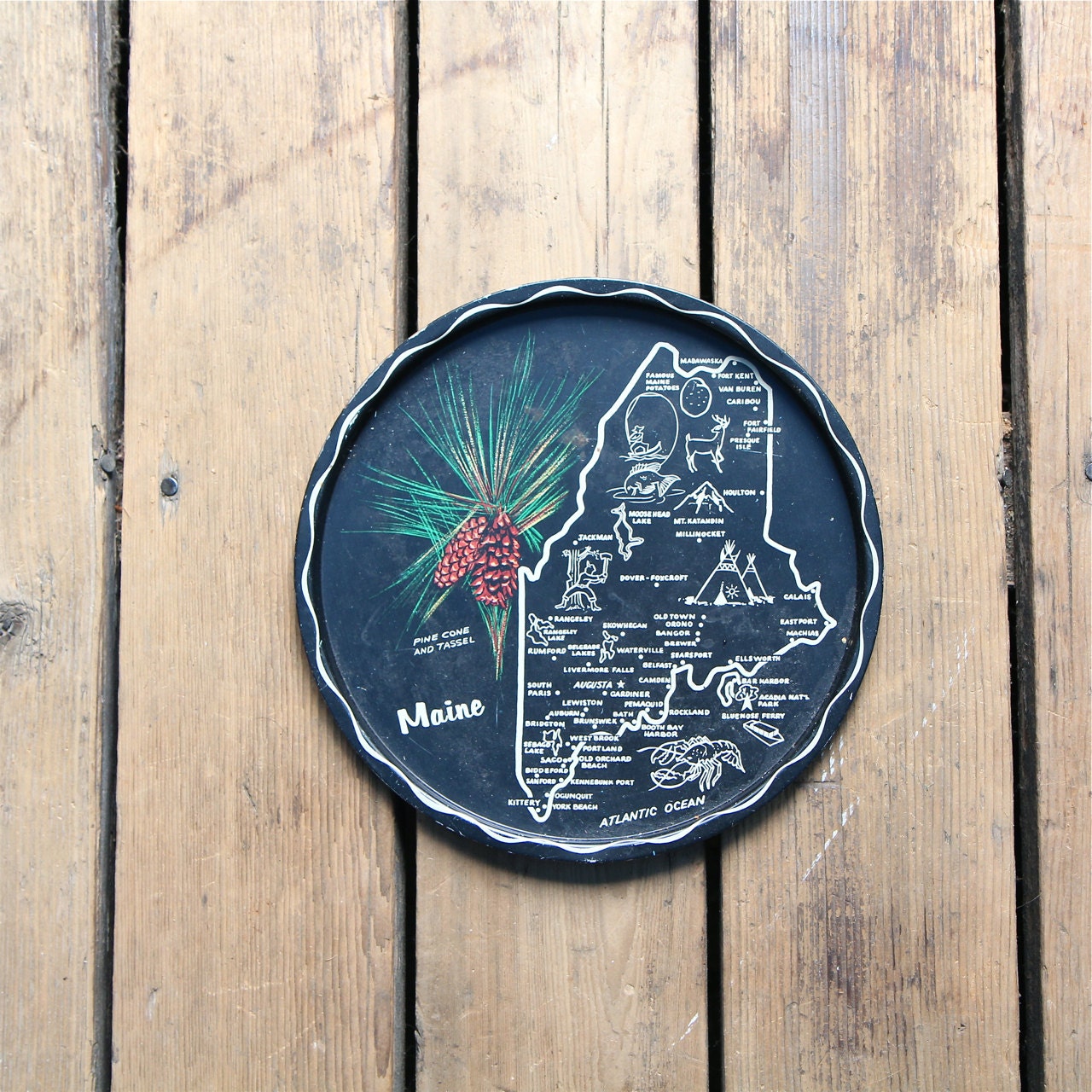 Vintage Metal Souvenir Tray /  Maine, New England