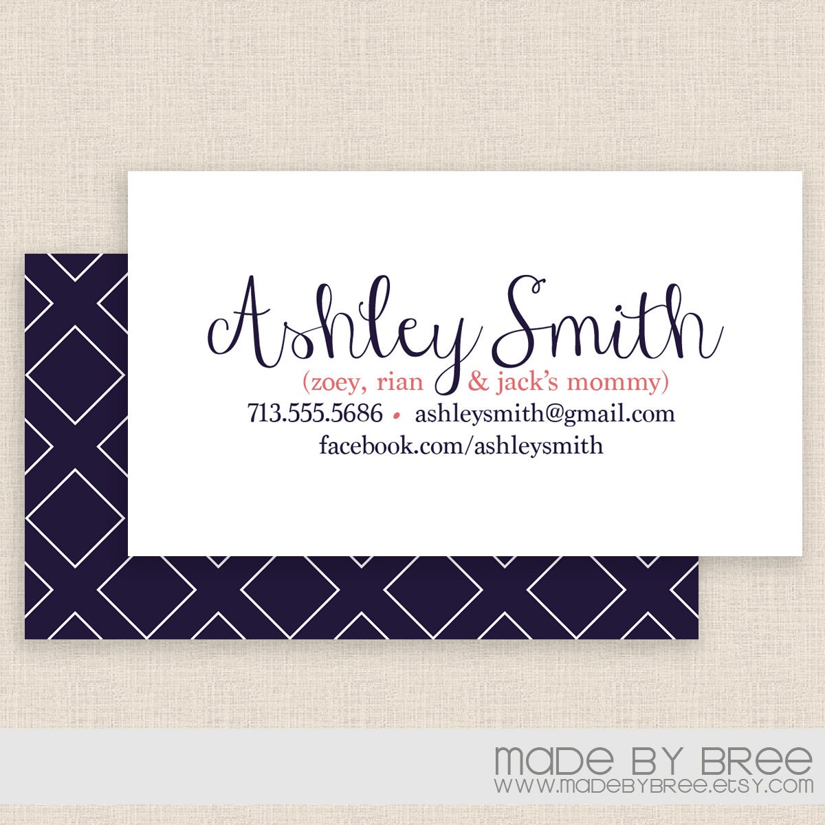 Mommy Calling Card / Business Card Template - Double Sided - Modern Navy Blue - Diamond Pattern