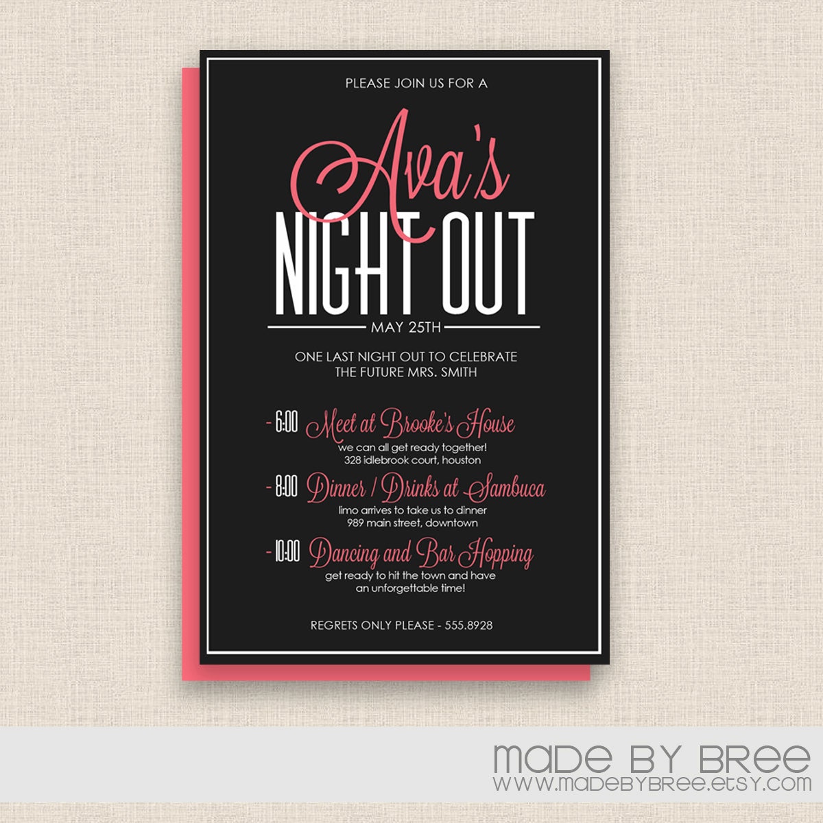 Modern Pink and Gray/Black Bachelorette Party Invitation