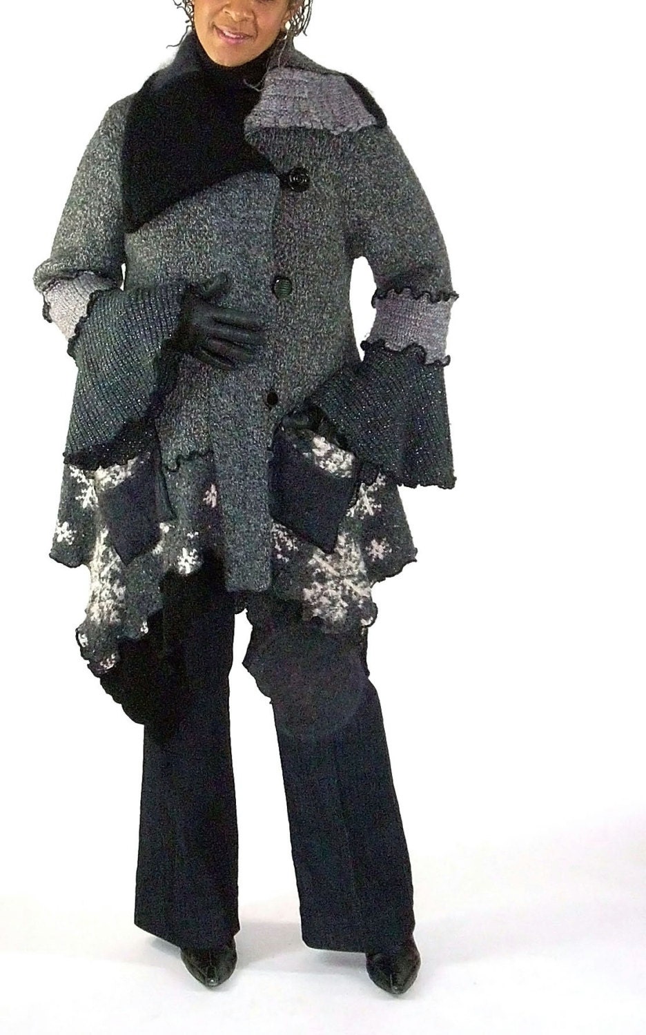 Sweater Coat, Grey and Black Tweed, Snowflake, Petunia Style, Size Medium- Large (10-12-14)
