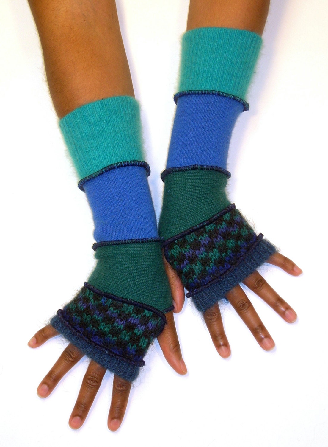 Finger less Gloves, Hand Warmers,  Blue and Teal (Dark Bluish Teal, Blue and Green Checks, Blue Green, Dark Aqua, Teal)