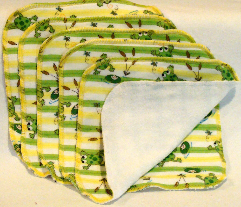 Country Cuttin's Infant Green and Yellow Frog Striped Flannel & Knit Terry Cloth Wipes Set of 5