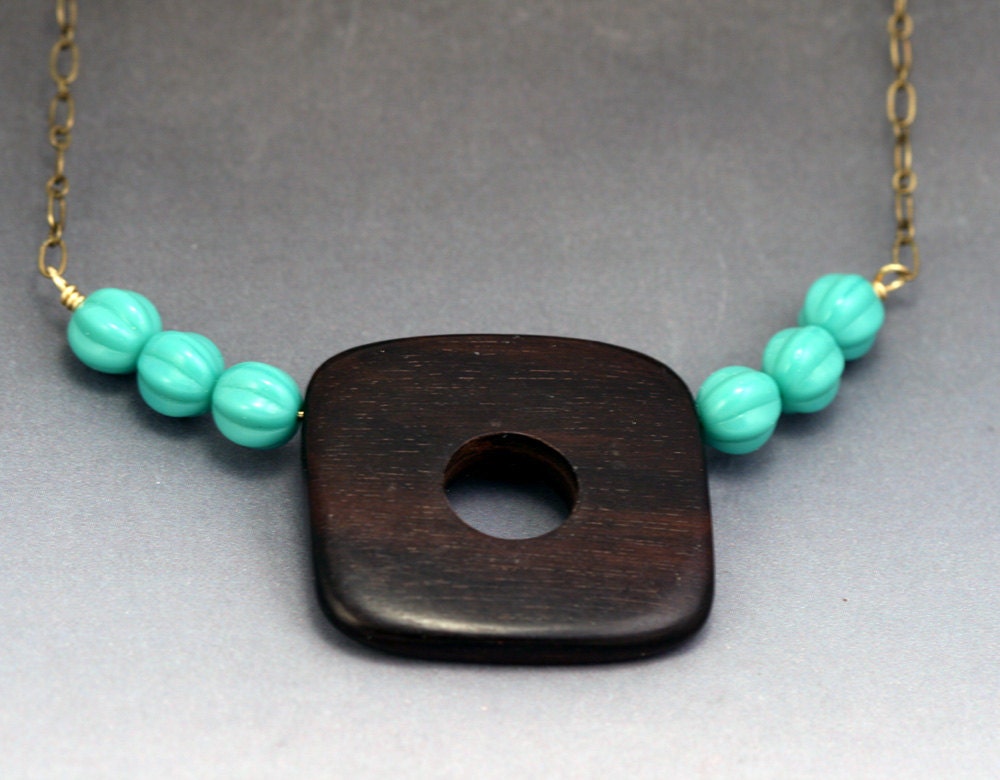 Wood Necklace  - Turquoise beaded necklace