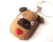 Pug Dog Felt Ornament Wall Hanger Home Decor Red Heart Ugly Cute Beige Chocolate Brown