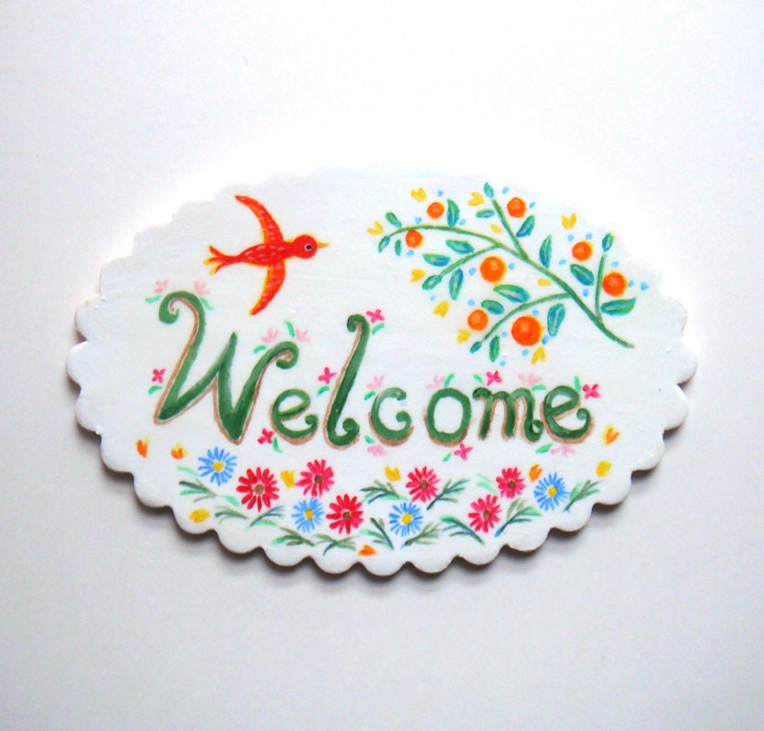 Wall Hanging Welcome Sign Bright Color Spring Woodland Floral Bird Signage Art Home Decor