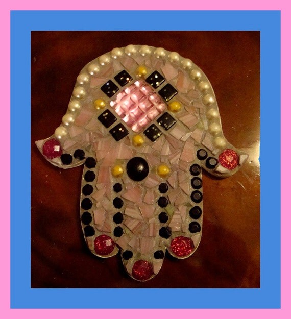 Shabby Chic Vintage Style Stained Glass Mosaic Hamsa OOAK