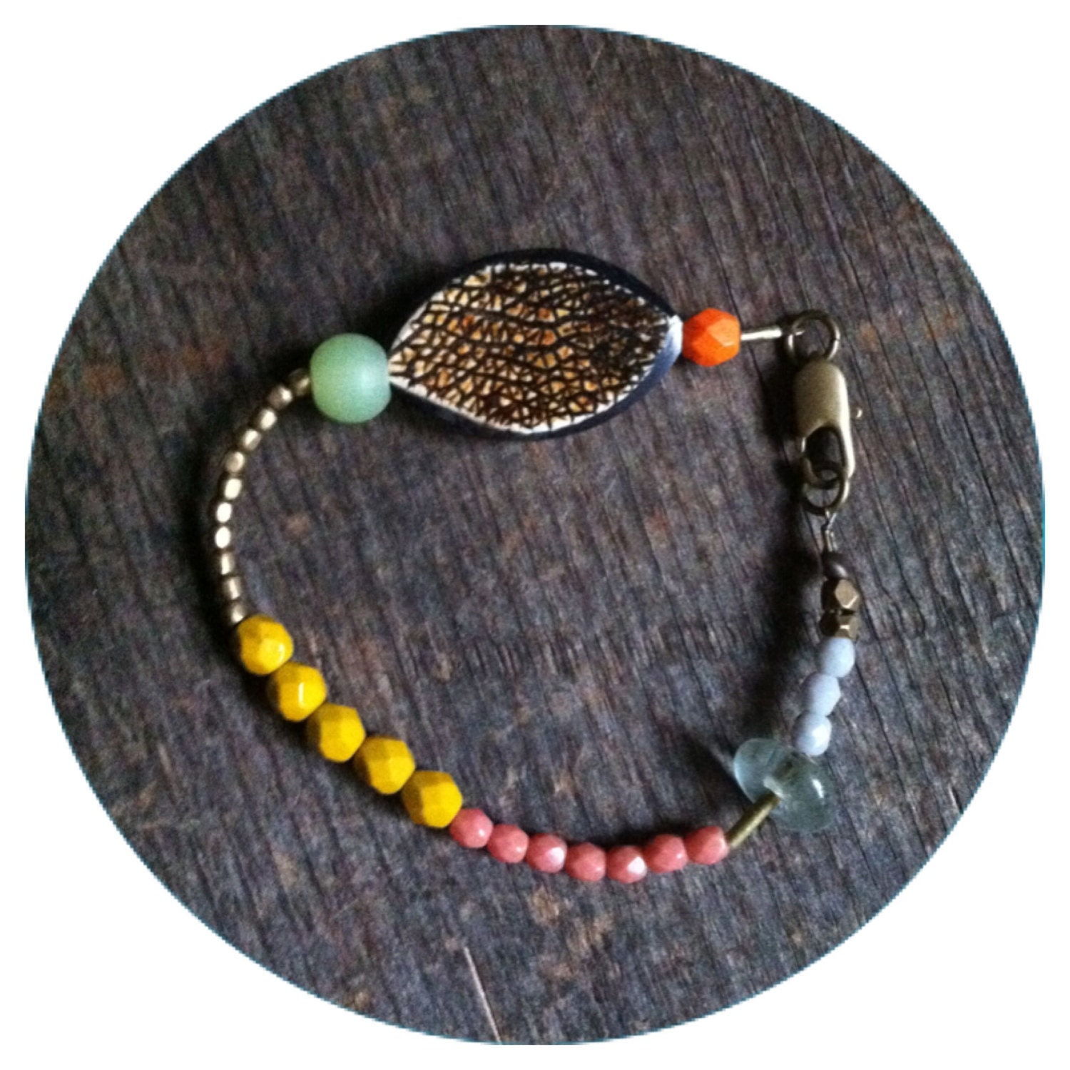 Bracelet -vintage wooden beads, pink, chartreuse, brass beads