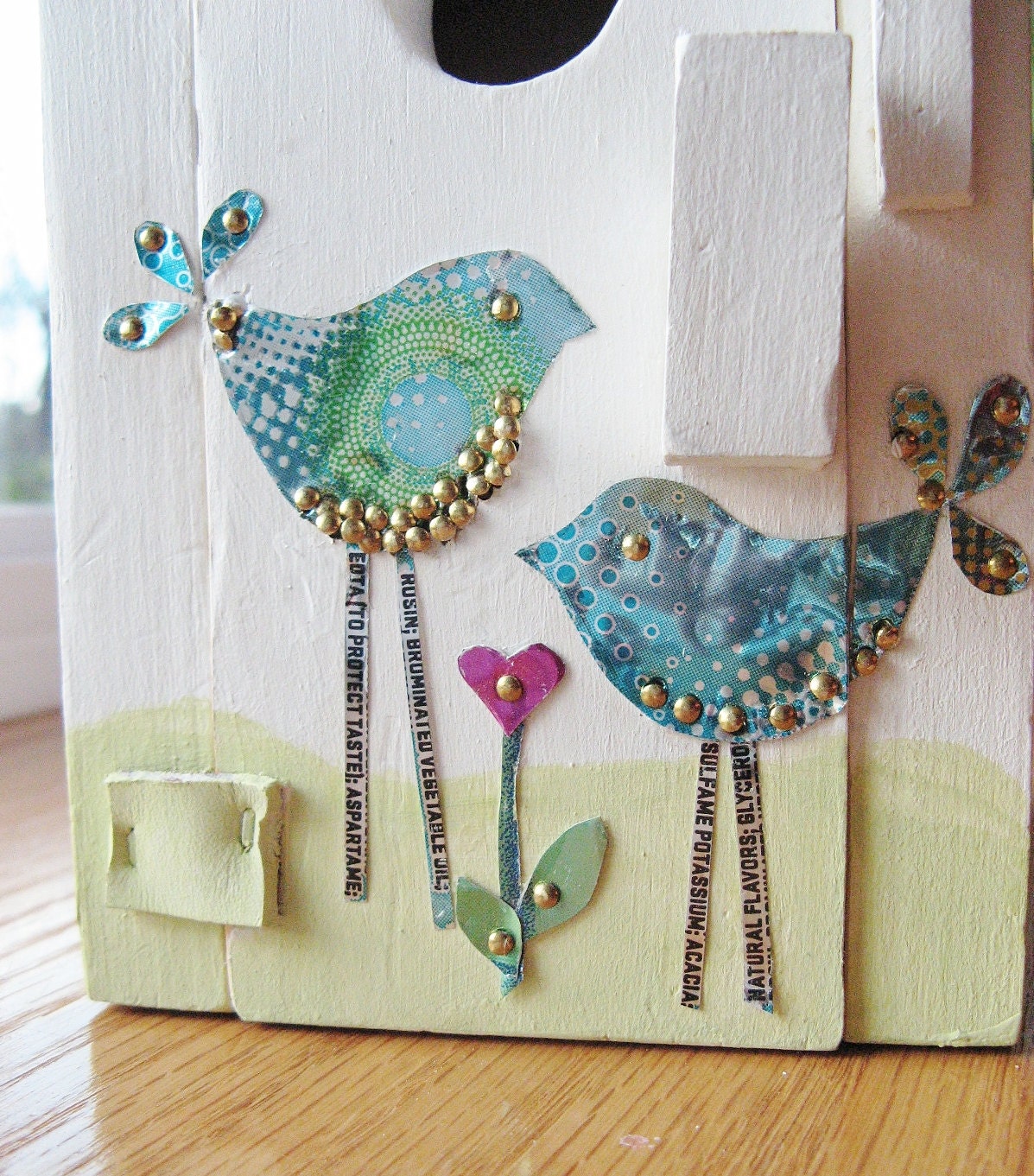 Love Birds - Wood Birdhouse with Recycled Soda Pop Can Art