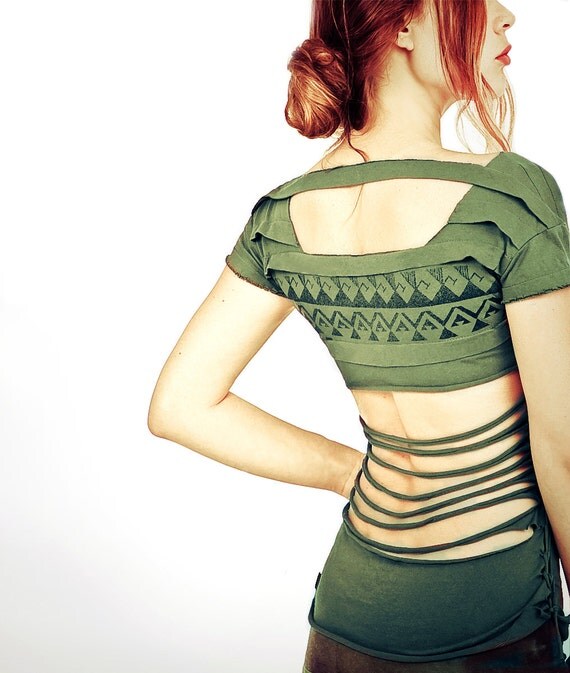Forest olive Green Aztec stencil top, layered design, open back tshirt, MEDIUM