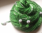 Handspun football soccer art yarn - SOCCER FIELD 2 - Green and White, with Dangling Soccer / Football Beads. Perfect Gift or Gift Supply