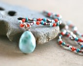 Larimar Pendant with Coral and Turquoise Gemstone Hand Knotted Silk Cord Necklace 16 Inches