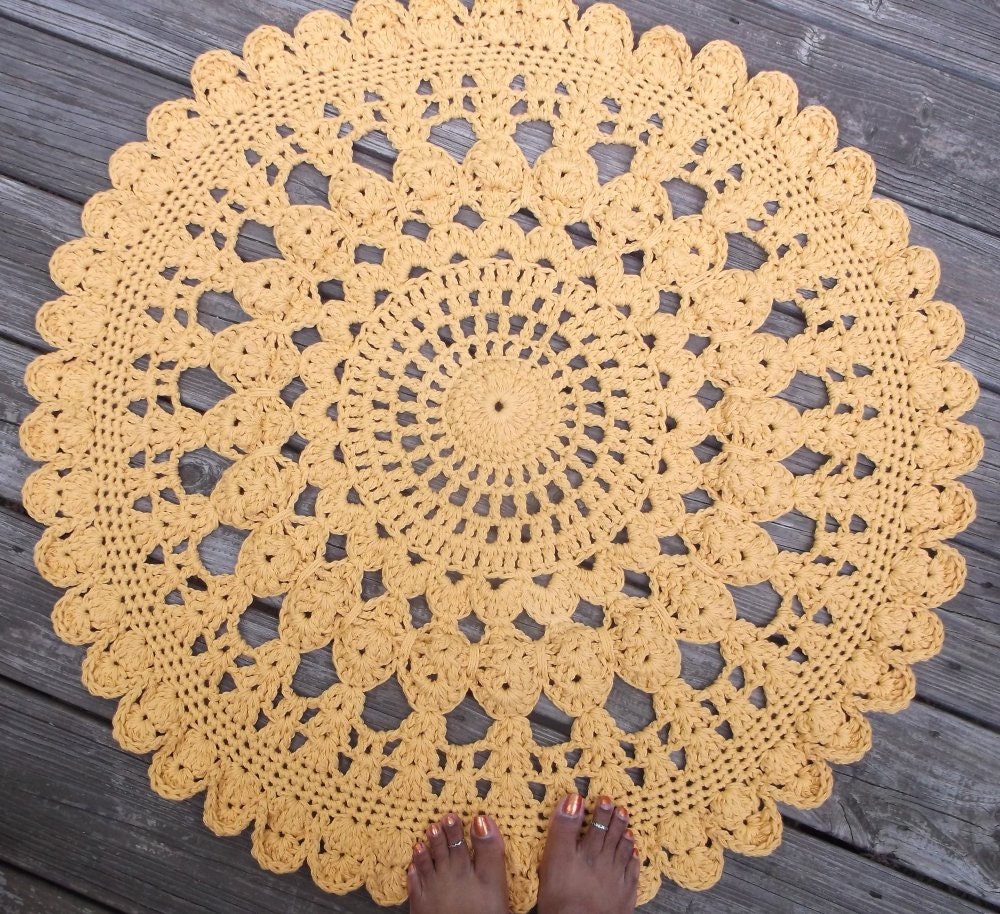 Gold Yellow Cotton Crochet Doily Rug 34" Round READY TO SHIP