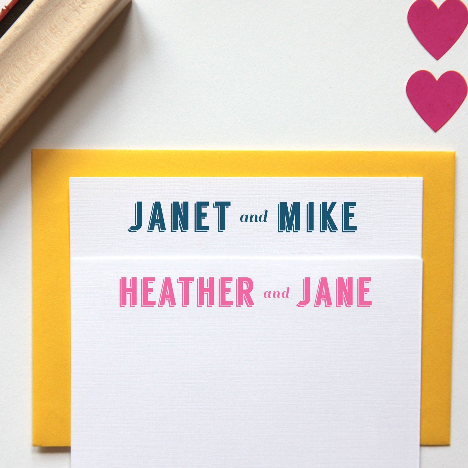 Custom Midcentury Modern Nameplate Rubber Stamp, Personalized with Couples Names (Wood Mounted), DIY Wedding Favors, Save the Date