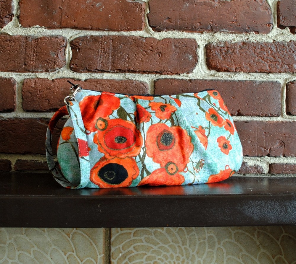 Pleated Wristlet Zipper Pouch // Clutch - Large Poppies in Teal