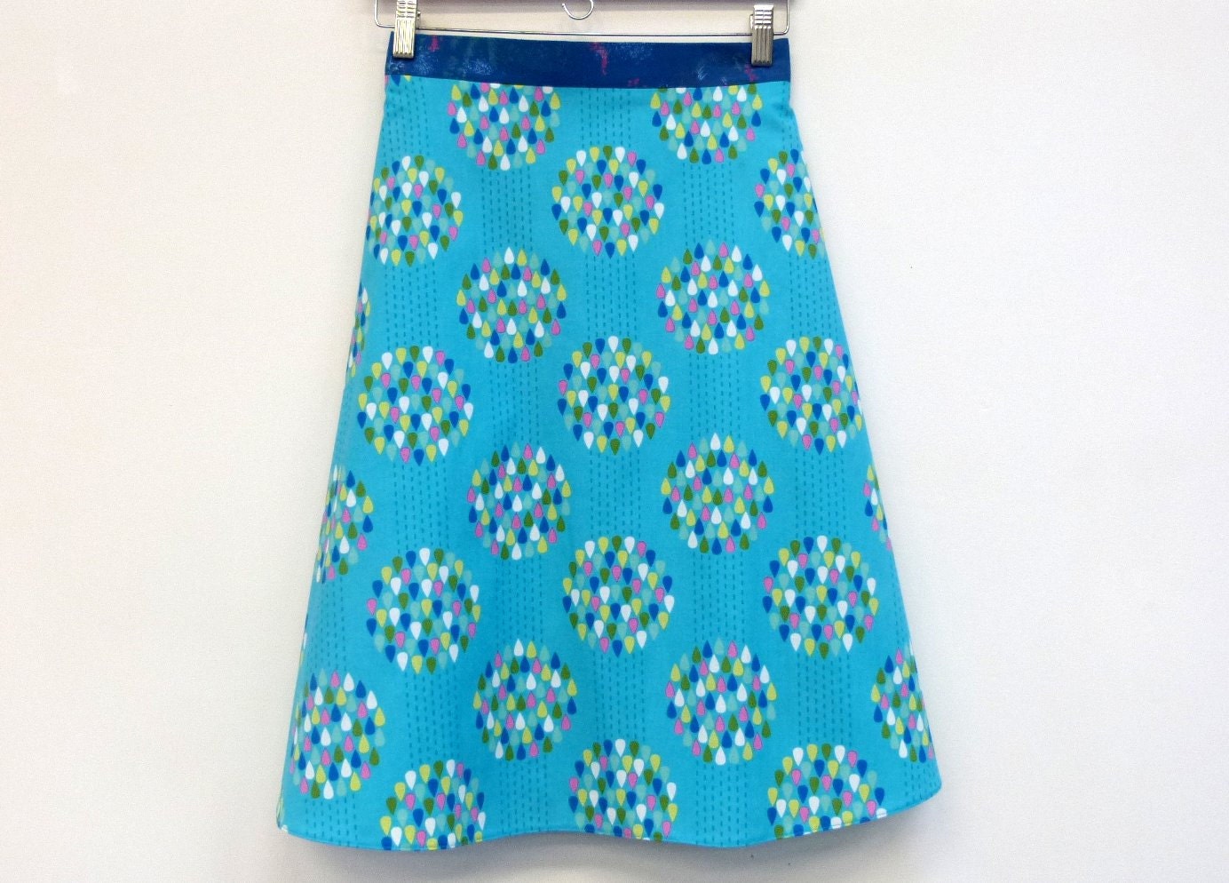 Women's A Line Skirt, Wrap Skirt, Knee Length Skirt, Cotton Skirt, Turquoise Rain Drops, size S/M